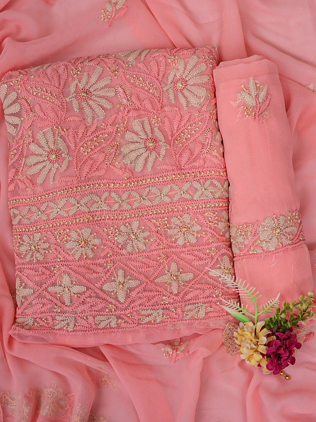 Ada Hand Embroidered Peach Georgette Lucknowi Chikankari Unstitched Suit Piece  01A857207