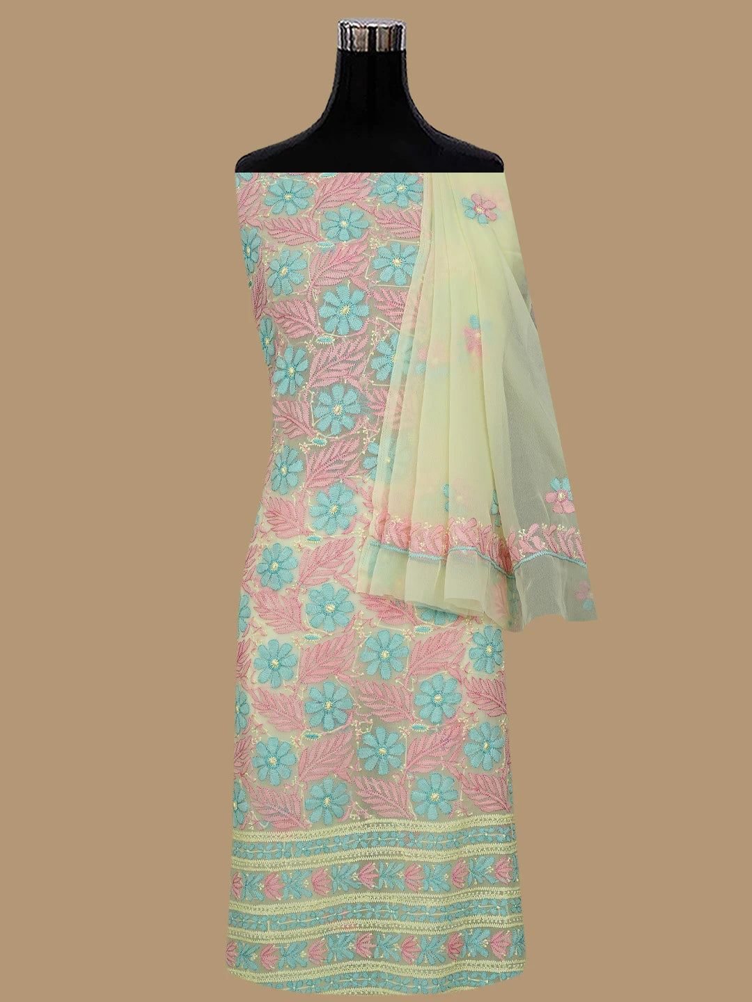 Ada Hand Embroidered Lemon Georgette Lucknowi Chikankari Unstitched Suit Piece 01A833118