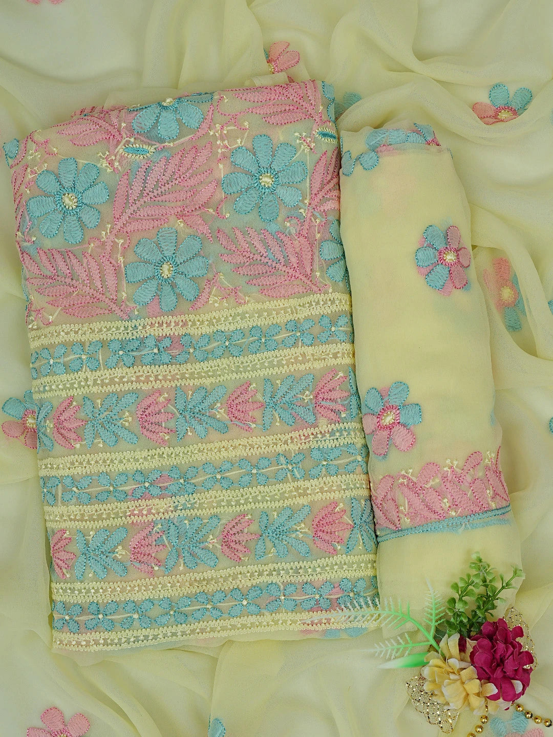 Ada Hand Embroidered Lemon Georgette Lucknowi Chikankari Unstitched Suit Piece 01A833118