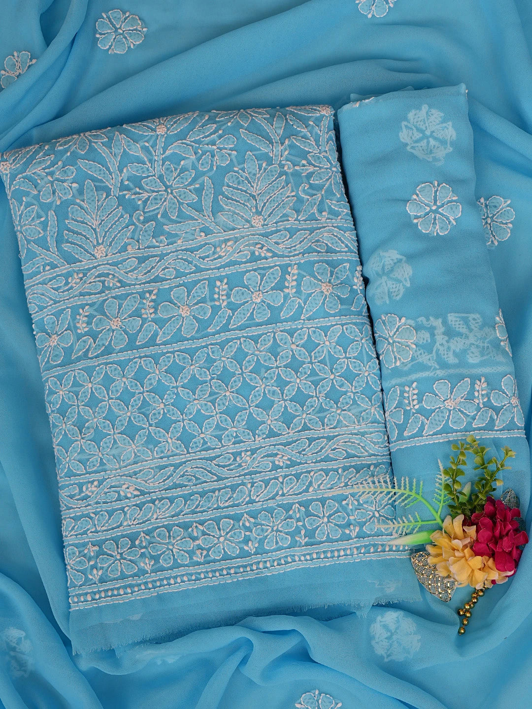 Ada Hand Embroidered Blue Georgette Lucknowi Chikankari Unstitched Suit Piece 01A644005