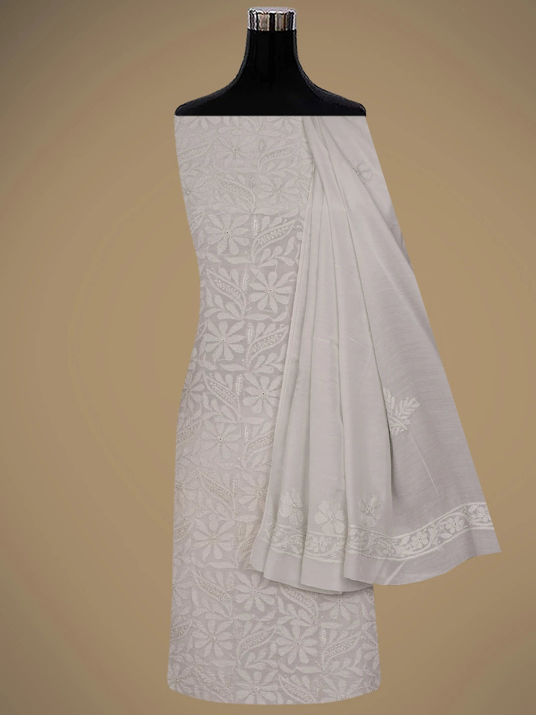 Ada Hand Embroidered Silver Grey Muslin Lucknowi Chikankari Unstitched Kurta Dupatta Set 01A584955