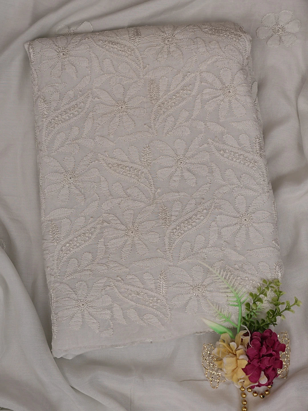 Ada Hand Embroidered Silver Grey Muslin Lucknowi Chikankari Unstitched Kurta Dupatta Set 01A584955