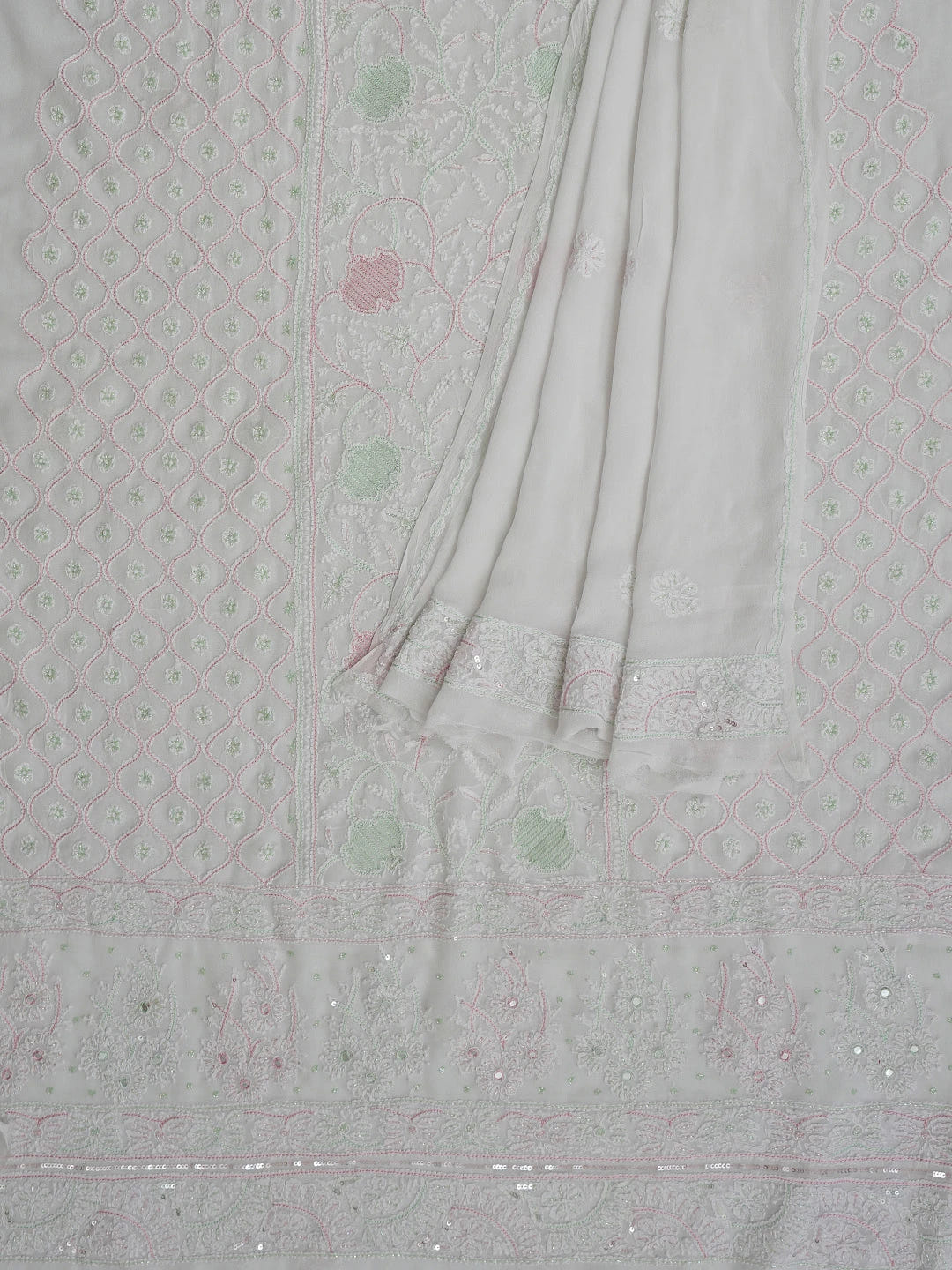 Ada Hand Embroidered White Viscose Georgette Lucknowi Chikankari Unstitched Kurta Dupatta Set With Cutdana Work 01A416962