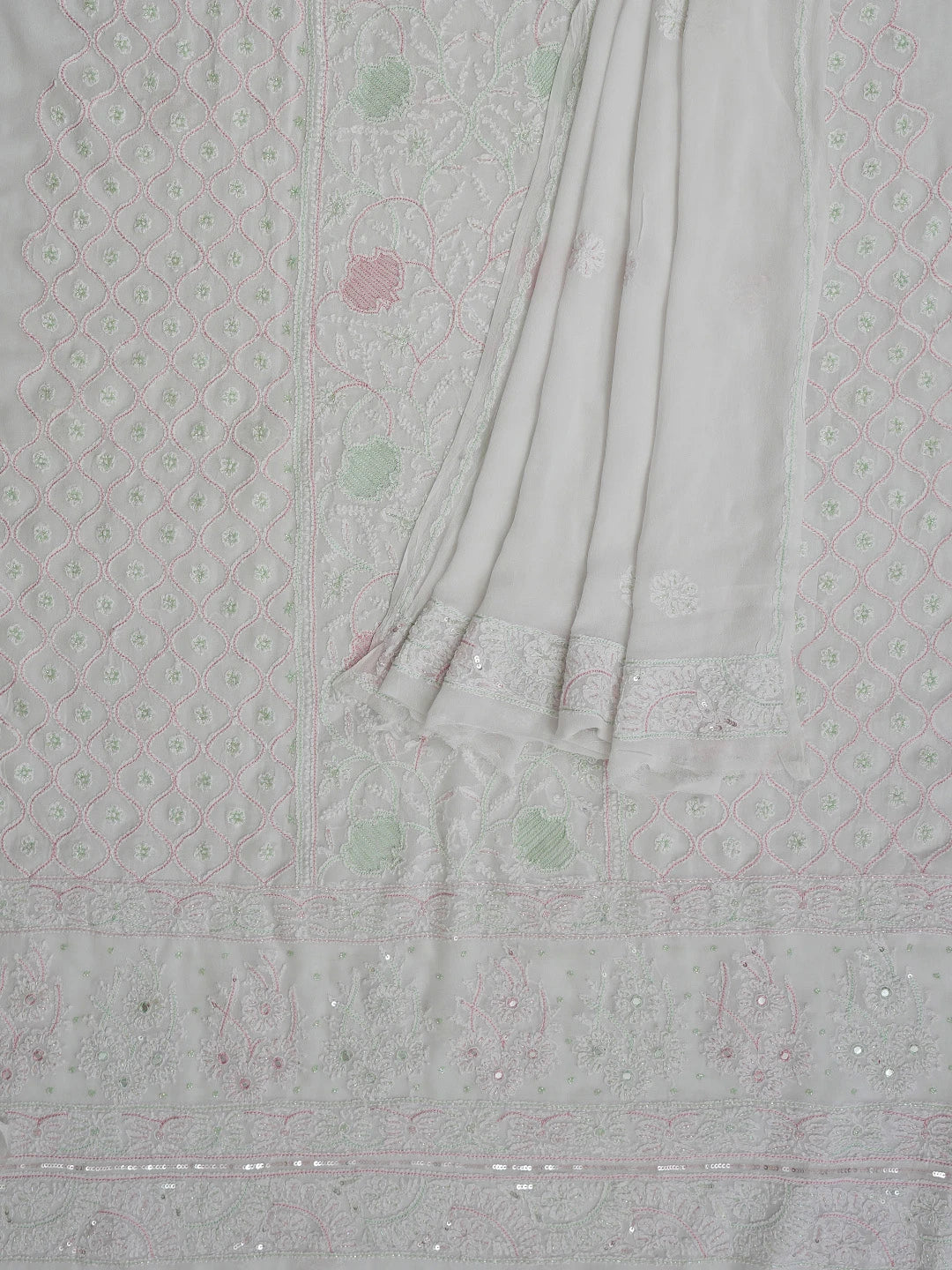Ada Hand Embroidered White Viscose Georgette Lucknowi Chikankari Unstitched Kurta Dupatta Set With Cutdana Work 01A416962