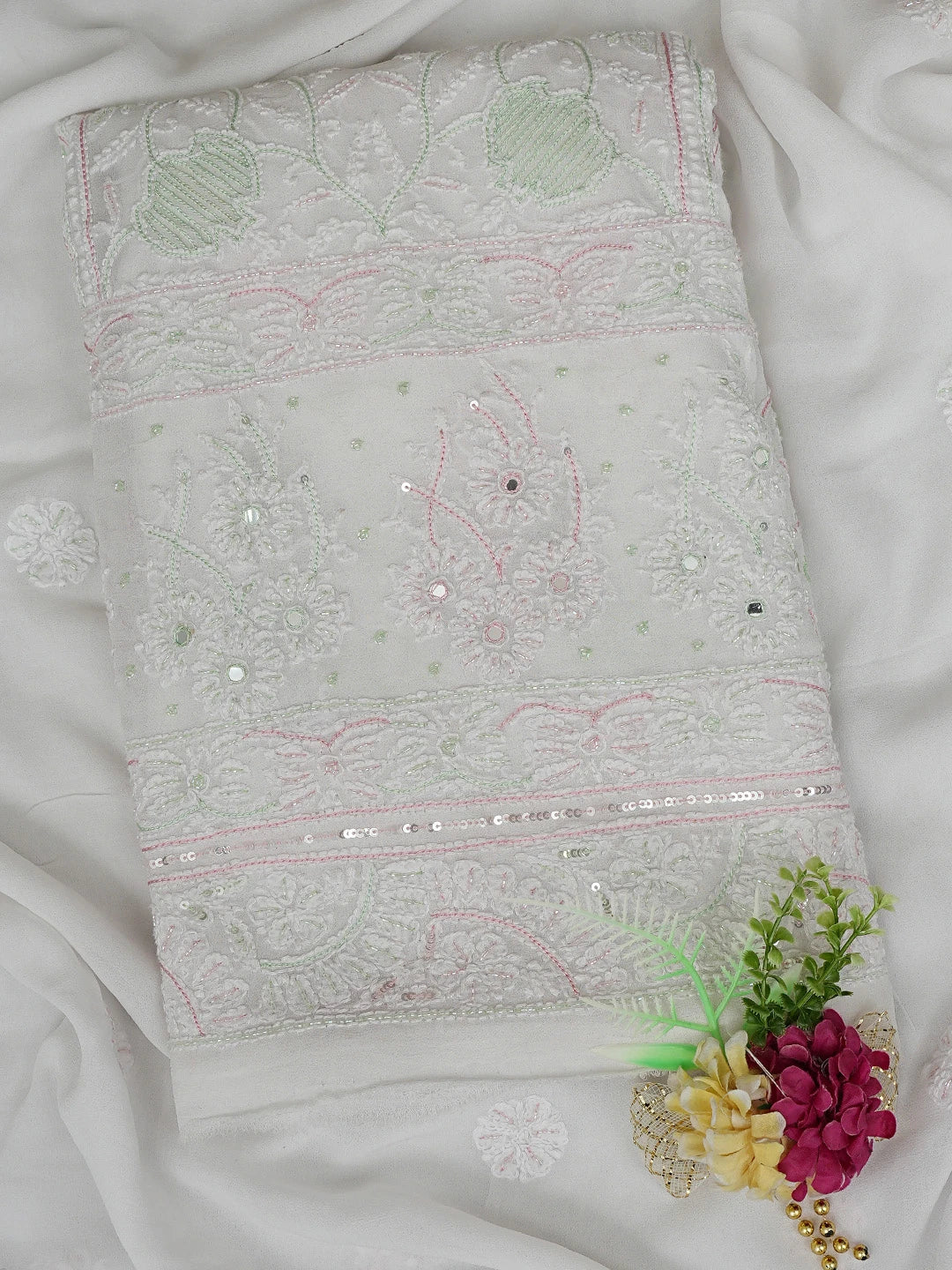 Ada Hand Embroidered White Viscose Georgette Lucknowi Chikankari Unstitched Kurta Dupatta Set With Cutdana Work 01A416962