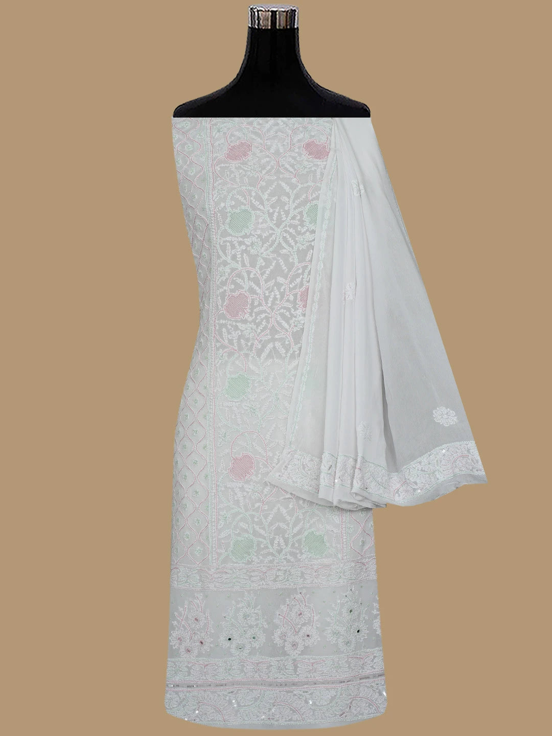 Ada Hand Embroidered White Viscose Georgette Lucknowi Chikankari Unstitched Kurta Dupatta Set With Cutdana Work 01A416962