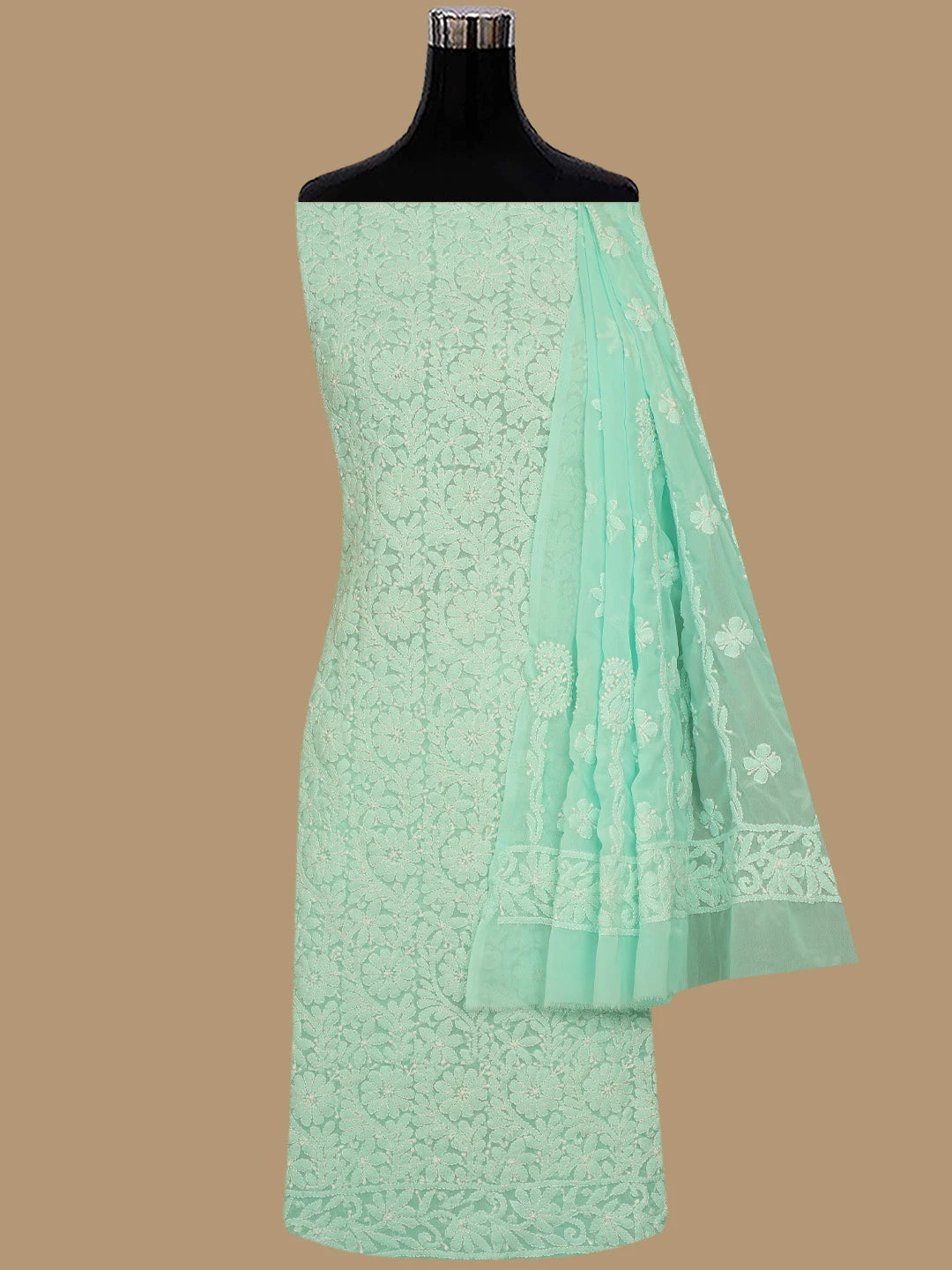 Ada Hand Embroidered Sea Green Georgette Lucknowi Chikankari Unstitched Kurta Dupatta Set 01A670801