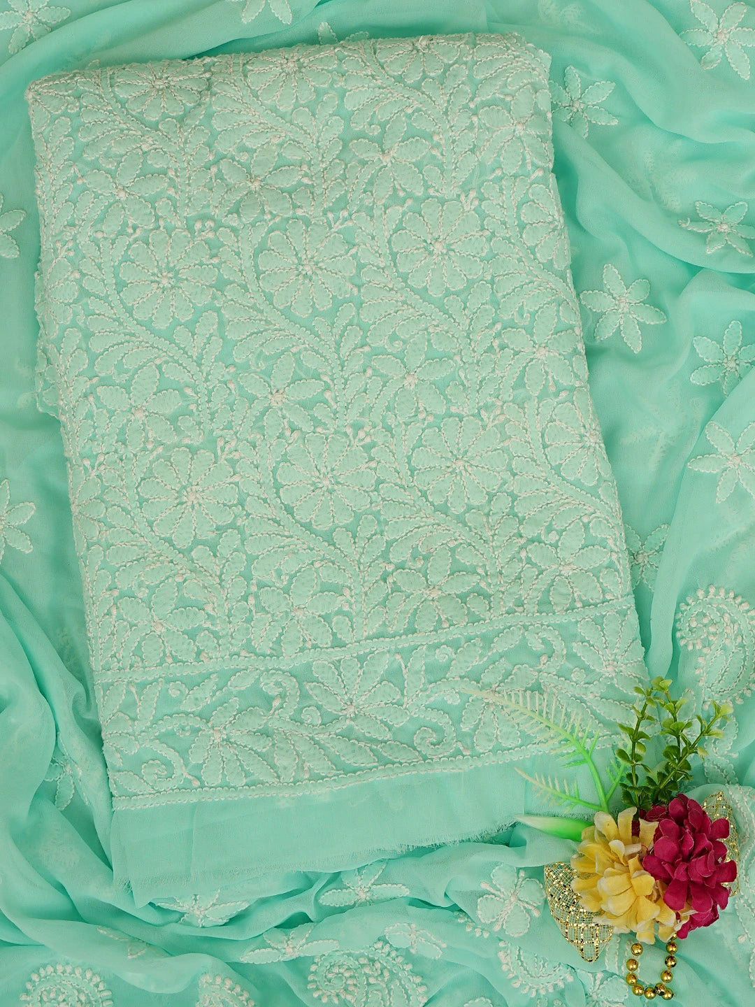 Ada Hand Embroidered Sea Green Georgette Lucknowi Chikankari Unstitched Kurta Dupatta Set 01A670801
