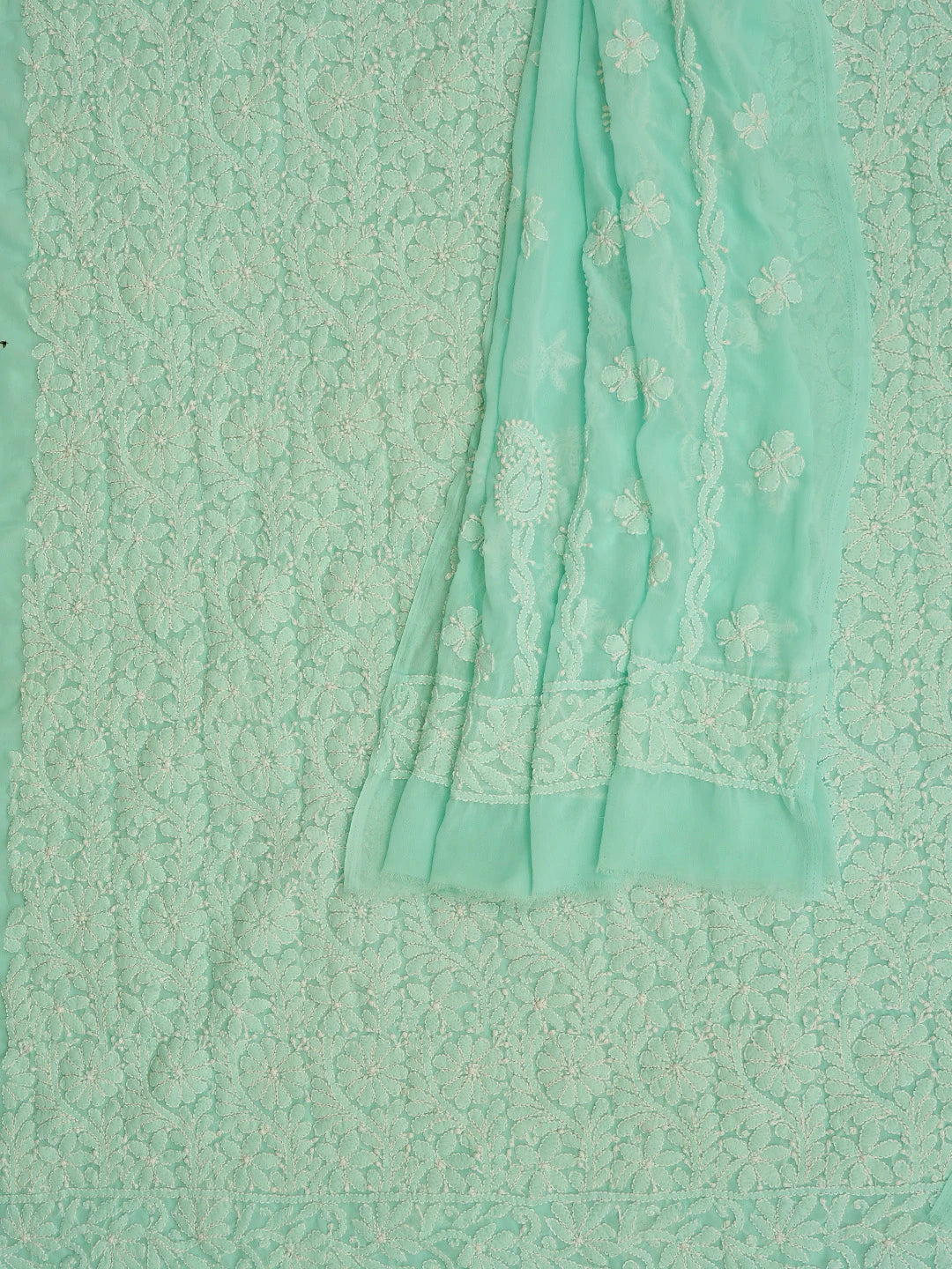 Ada Hand Embroidered Sea Green Georgette Lucknowi Chikankari Unstitched Kurta Dupatta Set 01A670801