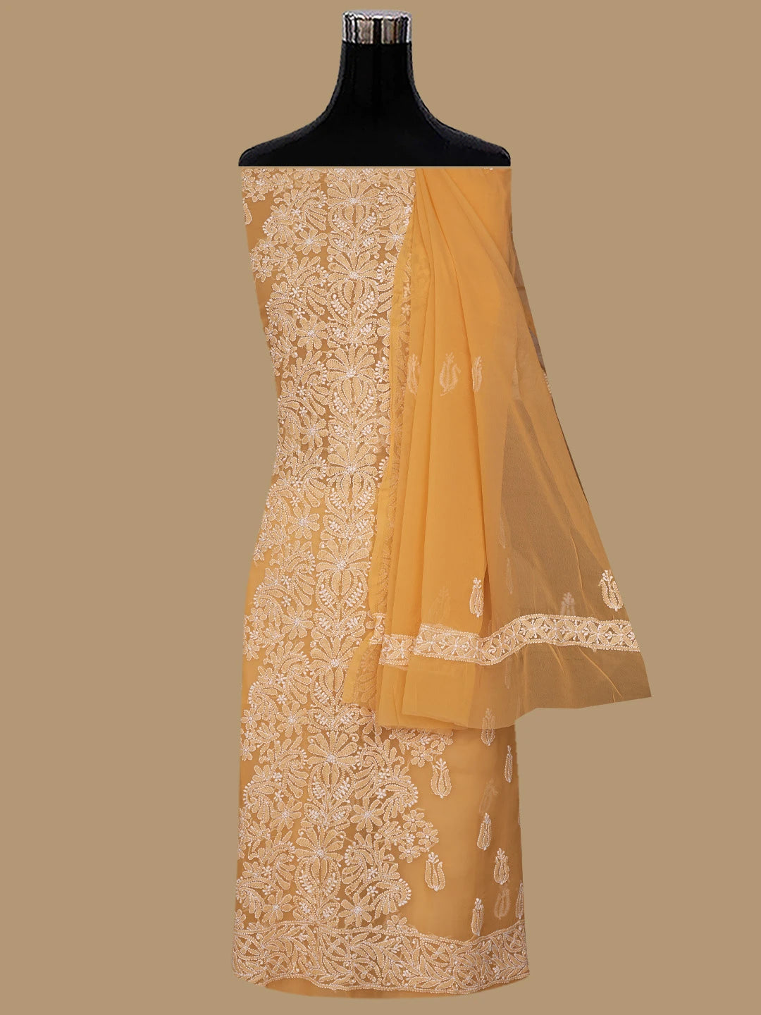 Ada Hand Embroidered Mustard Georgette Lucknowi Chikankari Unstitched Suit Piece 01A793479