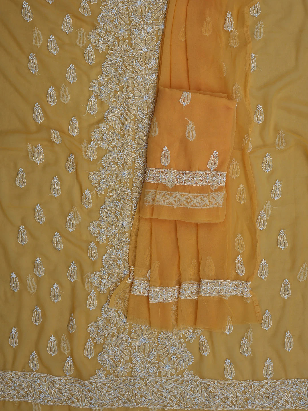 Ada Hand Embroidered Mustard Georgette Lucknowi Chikankari Unstitched Suit Piece 01A793479