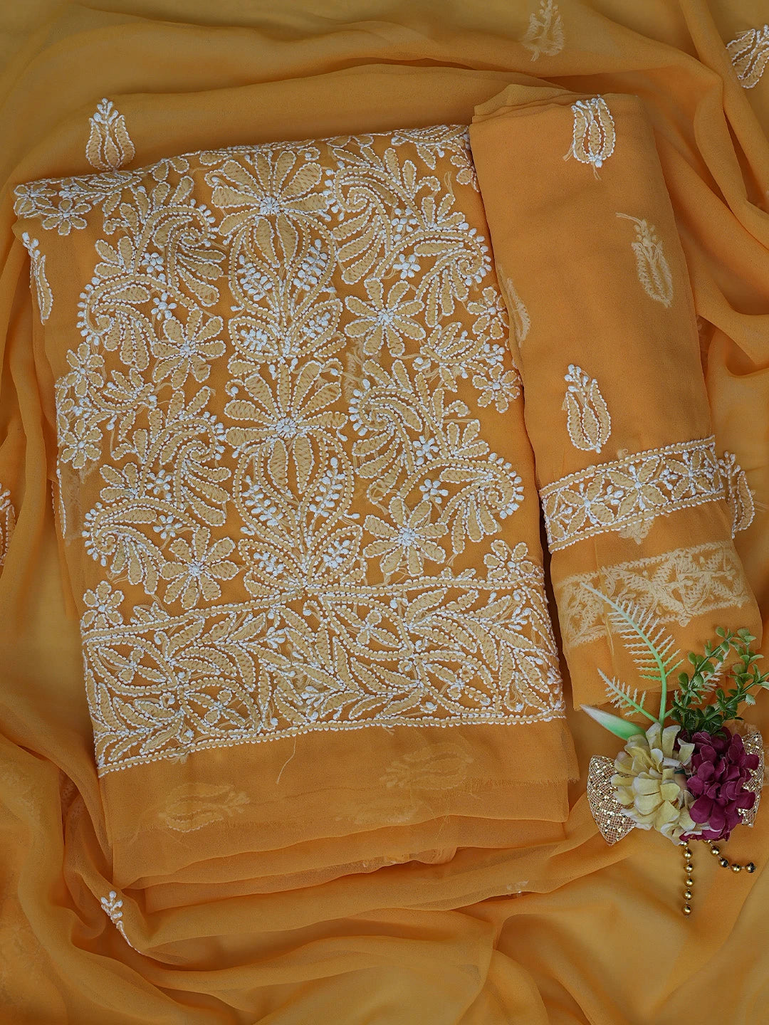Ada Hand Embroidered Mustard Georgette Lucknowi Chikankari Unstitched Suit Piece 01A793479
