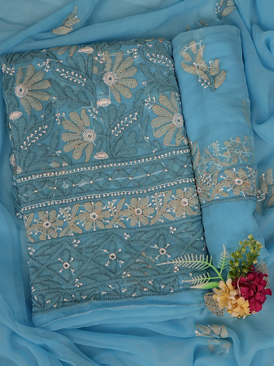 Ada Hand Embroidered Blue Georgette Lucknowi Chikankari Unstitched Suit Piece 01A857261
