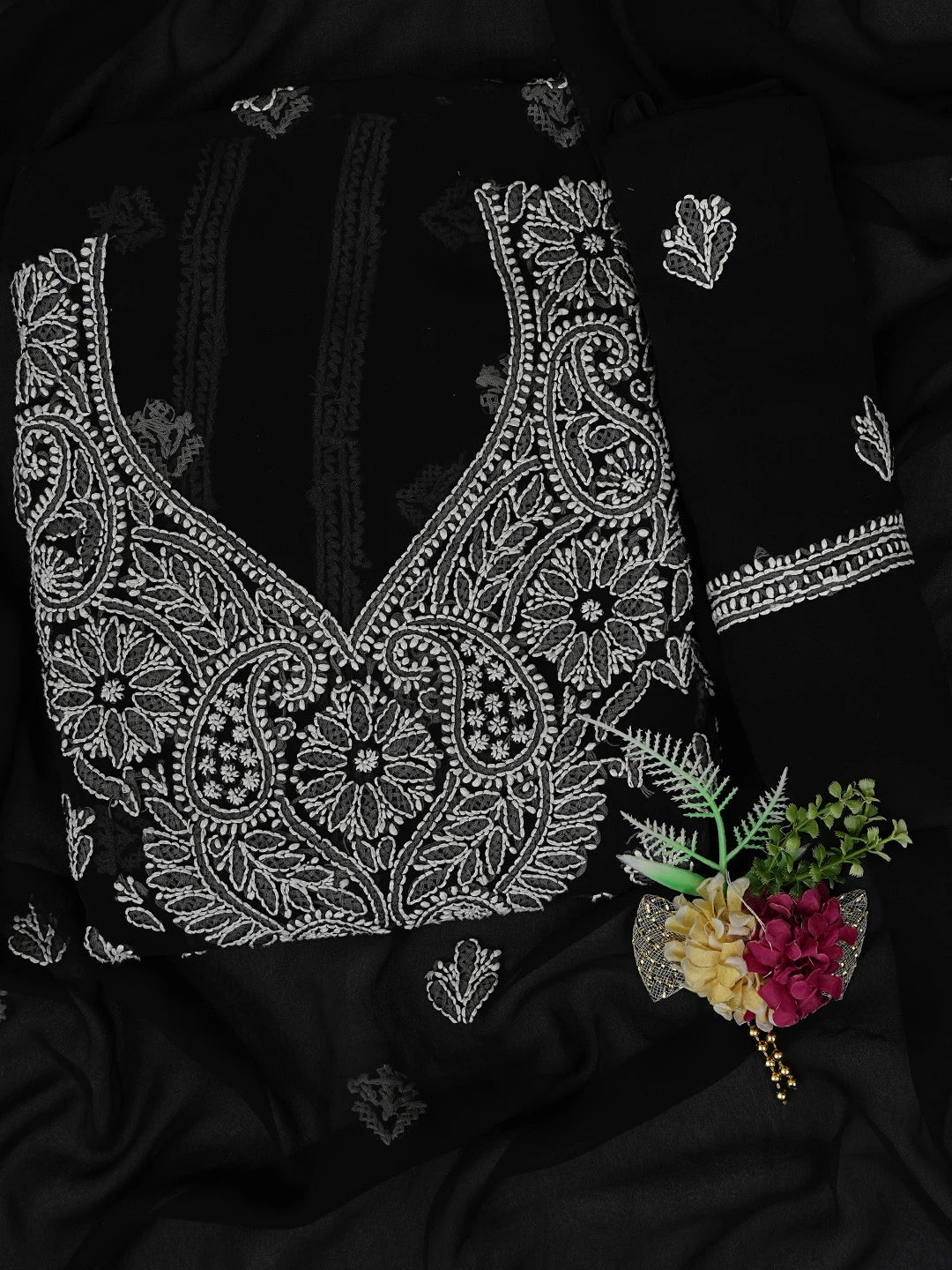 Ada Hand Embroidered Black Georgette Lucknowi Chikankari Unstitched Suit Piece 01A823781