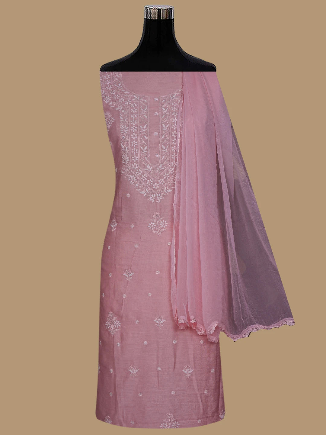 Ada Hand Embroidered Pink Chanderi Lucknowi Chikankari Unstitched Suit Piece 01A855622
