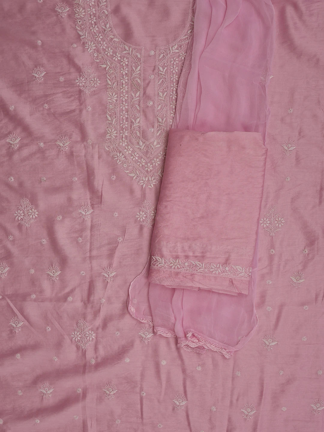 Ada Hand Embroidered Pink Chanderi Lucknowi Chikankari Unstitched Suit Piece 01A855622
