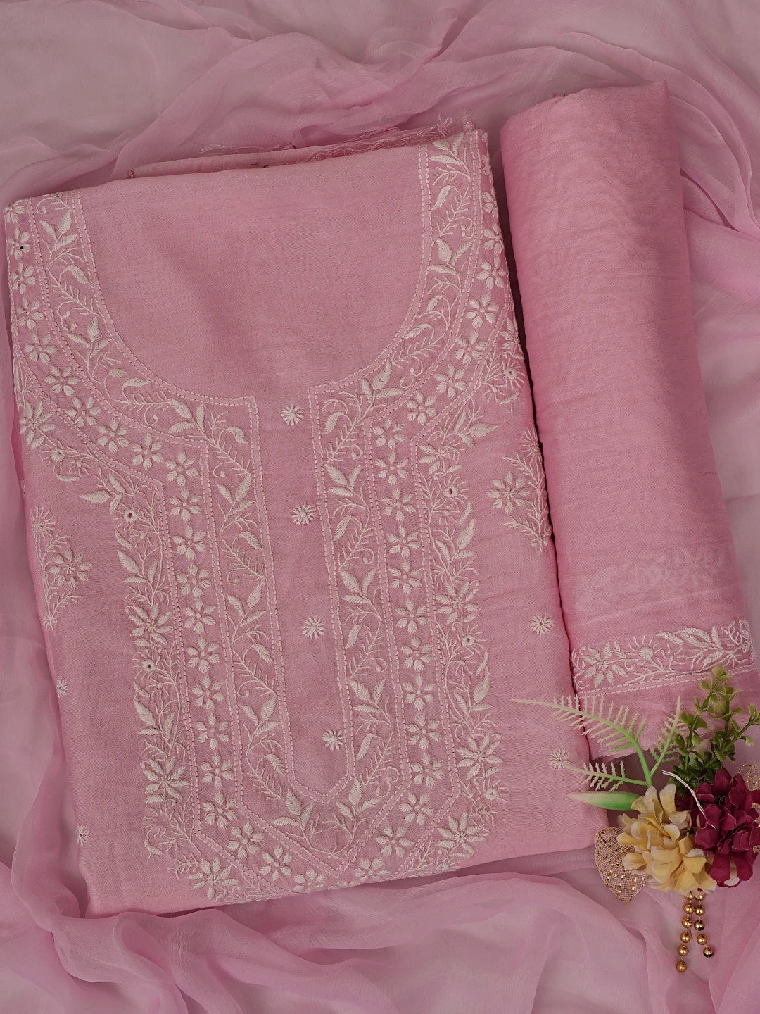 Ada Hand Embroidered Pink Chanderi Lucknowi Chikankari Unstitched Suit Piece 01A855622