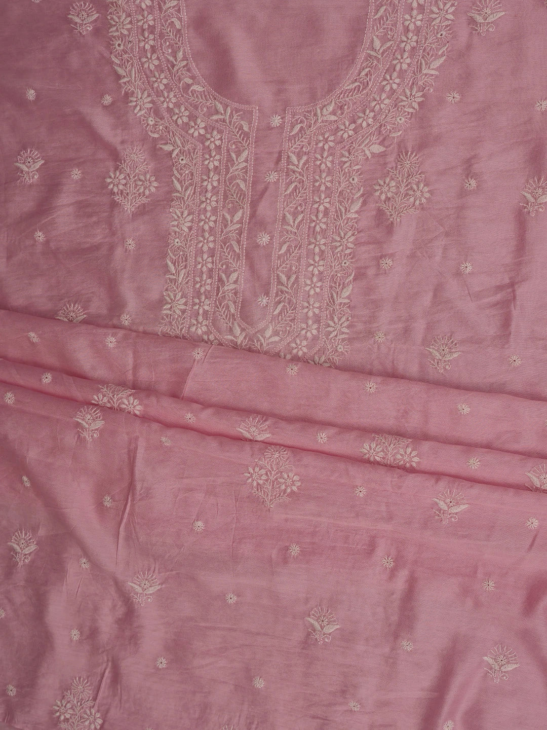Ada Hand Embroidered Pink Chanderi Lucknowi Chikankari Unstitched Suit Piece 01A855622