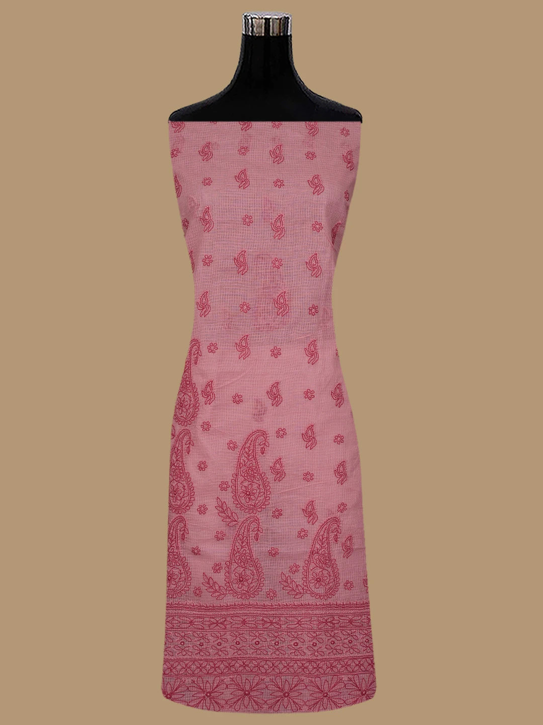 Ada Hand Embroidered Salmon Pink Kota Lucknowi Chikankari Unstitched Kurta Dupatta Set 01A831658