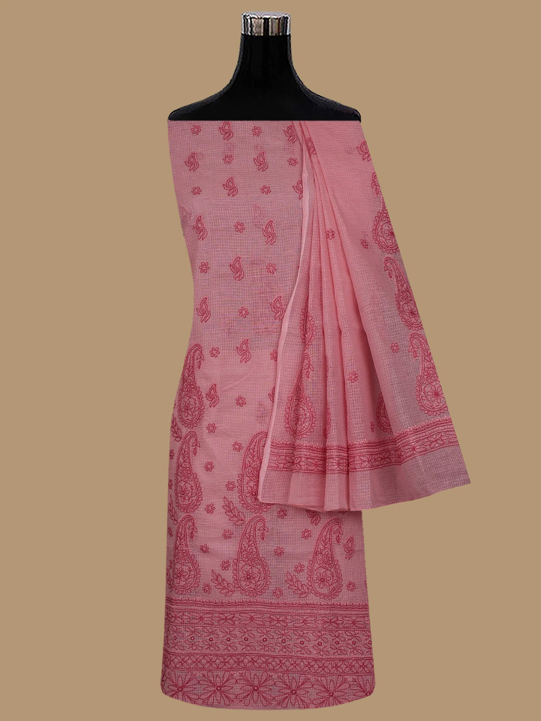 Ada Hand Embroidered Salmon Pink Kota Lucknowi Chikankari Unstitched Kurta Dupatta Set 01A831658