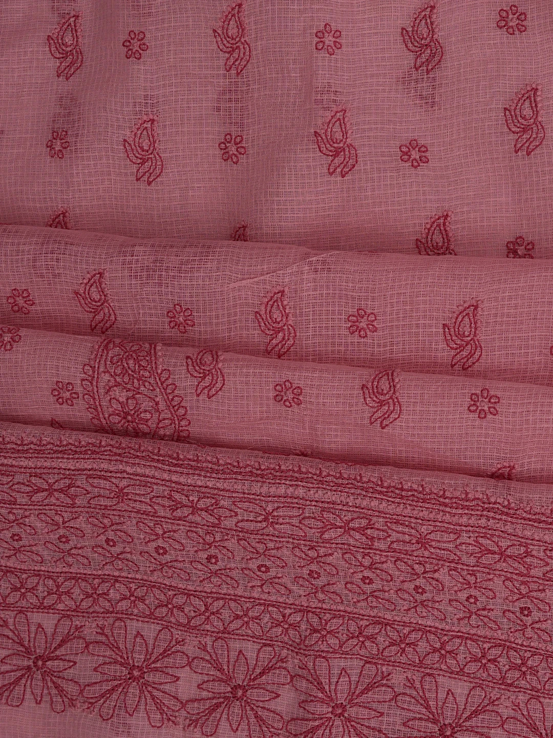 Ada Hand Embroidered Salmon Pink Kota Lucknowi Chikankari Unstitched Kurta Dupatta Set 01A831658
