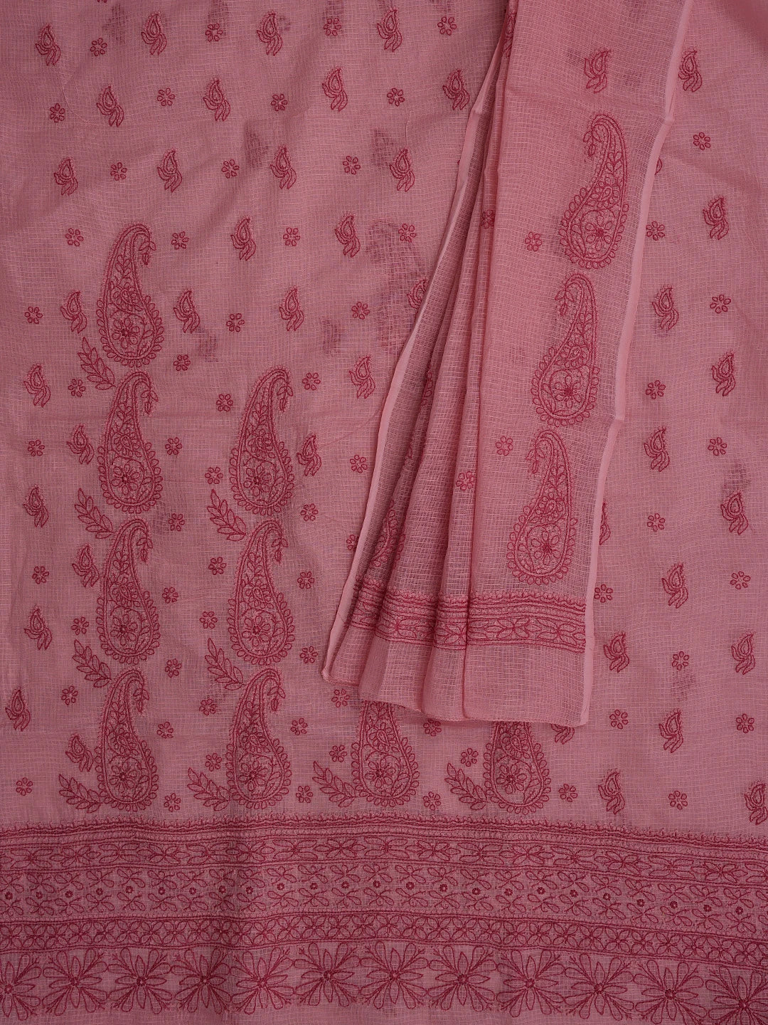 Ada Hand Embroidered Salmon Pink Kota Lucknowi Chikankari Unstitched Kurta Dupatta Set 01A831658