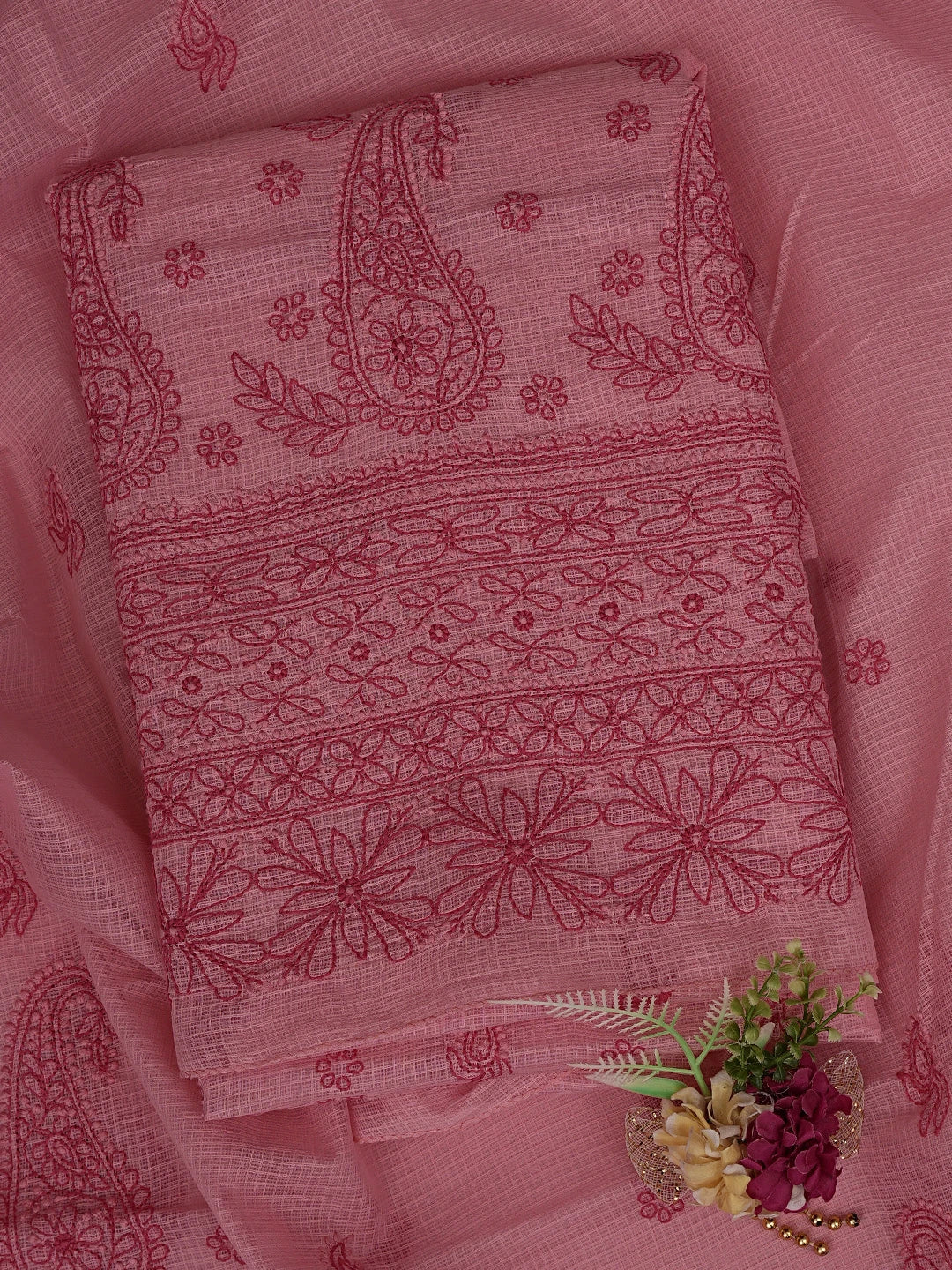 Ada Hand Embroidered Salmon Pink Kota Lucknowi Chikankari Unstitched Kurta Dupatta Set 01A831658
