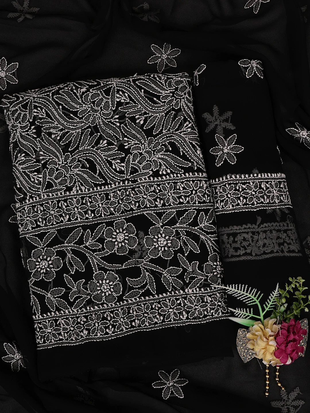 Ada Hand Embroidered Black Georgette Lucknowi Chikankari Unstitched Suit Piece 01A387188