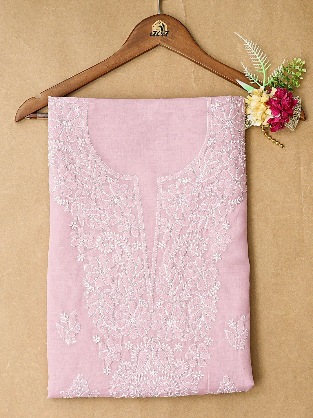 Ada Hand Embroidered Dusty Pink Cotton Lucknowi Chikankari Unstitched Kurta Piece 01A863899