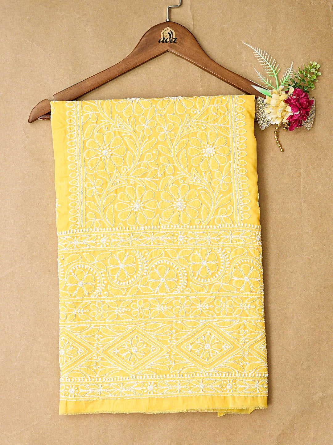 Ada Hand Embroidered Yellow Cotton Lucknowi Chikankari Unstitched Kurta Piece 01A863926