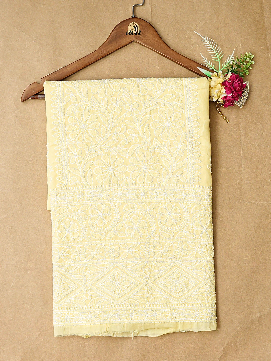 Ada Hand Embroidered Lemon Yellow Cotton Lucknowi Chikankari Unstitched Kurta Piece 01A863921