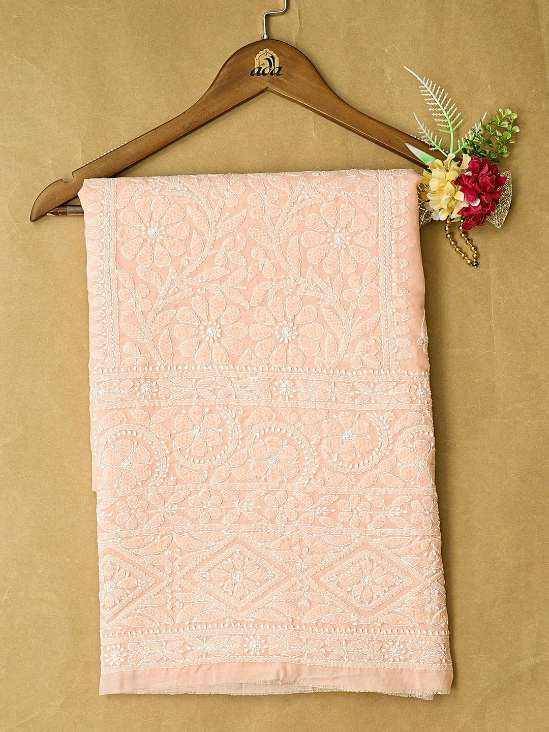 Ada Hand Embroidered Peach Cotton Lucknowi Chikankari Unstitched Kurta Piece 01A863923