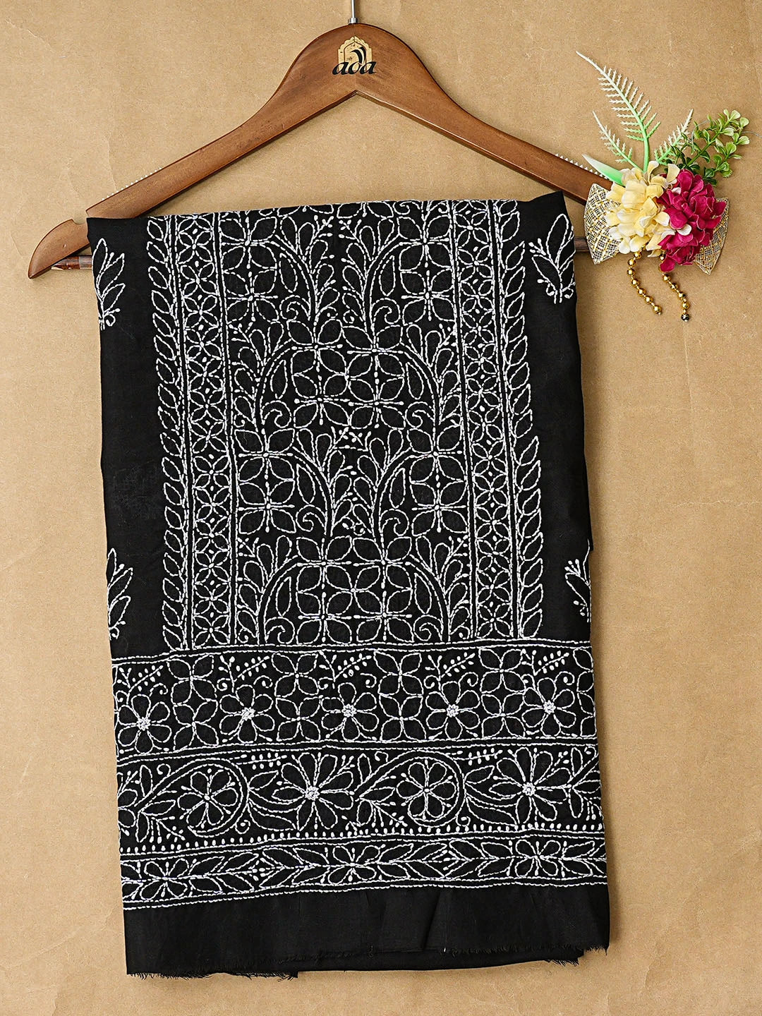Ada Hand Embroidered Black Cotton Lucknowi Chikankari Unstitched Kurta Piece 01A863934