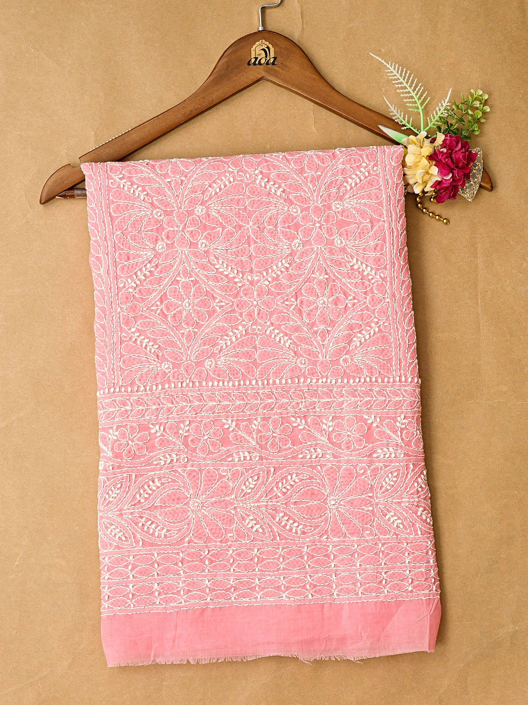 Ada Hand Embroidered Carrot Pink Cotton Lucknowi Chikankari Unstitched Kurta Piece 01A863931