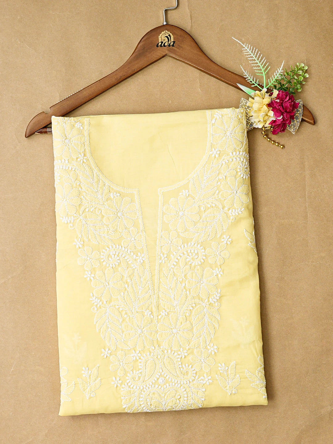 Ada Hand Embroidered Lemon Cotton Lucknowi Chikankari Unstitched Kurta Piece 01A863896