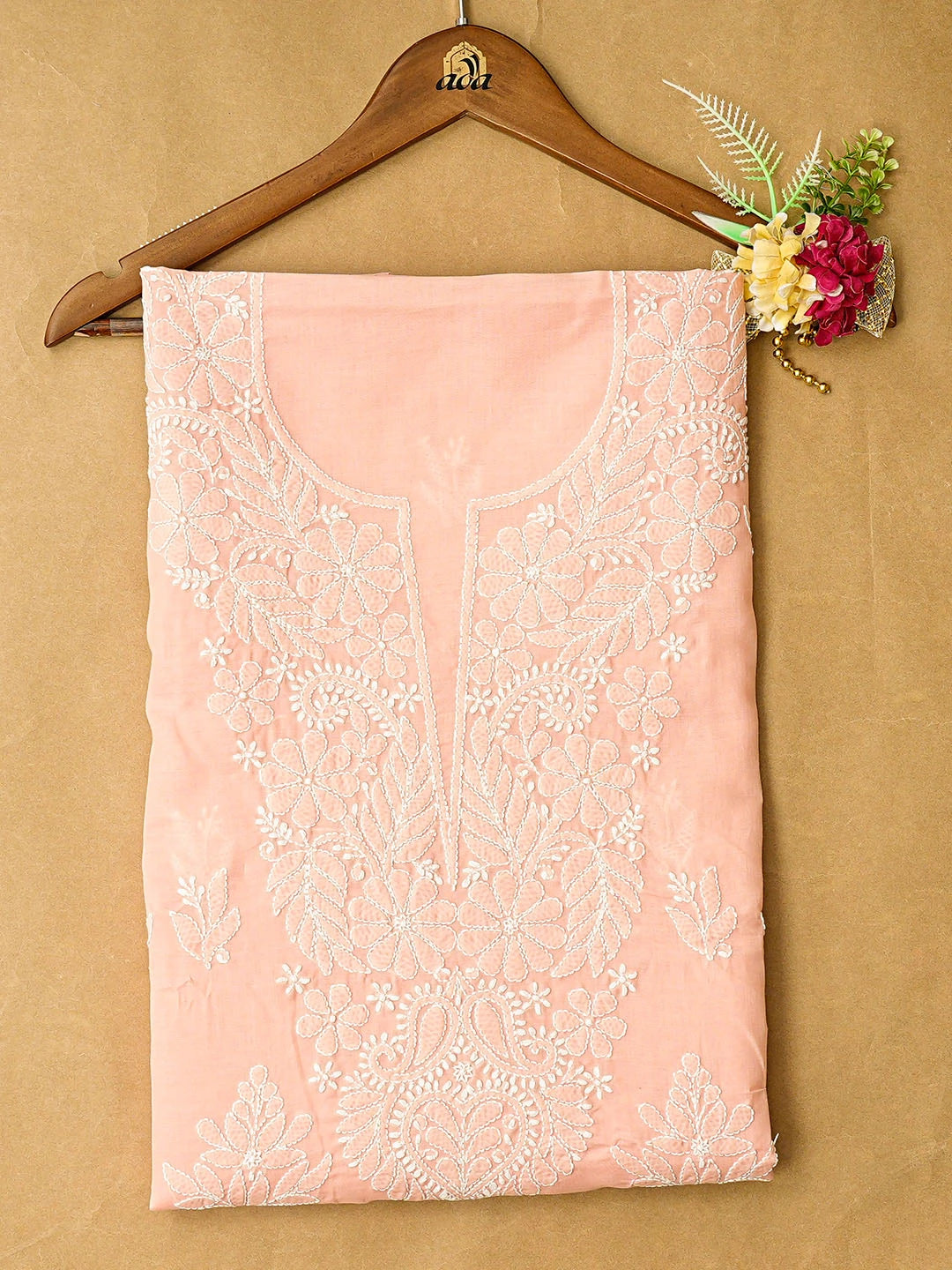 Ada Hand Embroidered Peach Cotton Lucknowi Chikankari Unstitched Kurta Piece 01A863876
