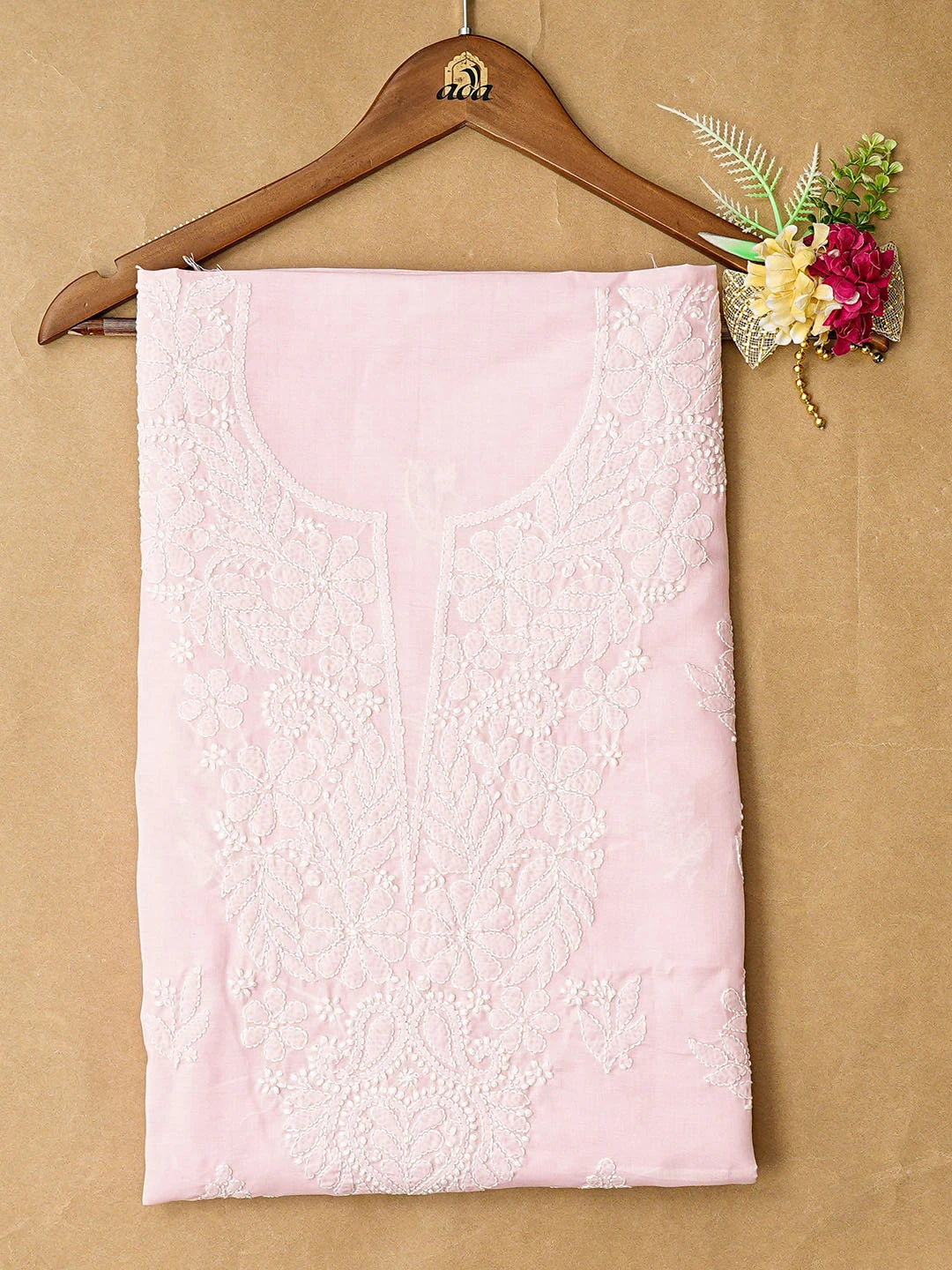 Ada Hand Embroidered Pink Cotton Lucknowi Chikankari Unstitched Kurta Piece 01A863886