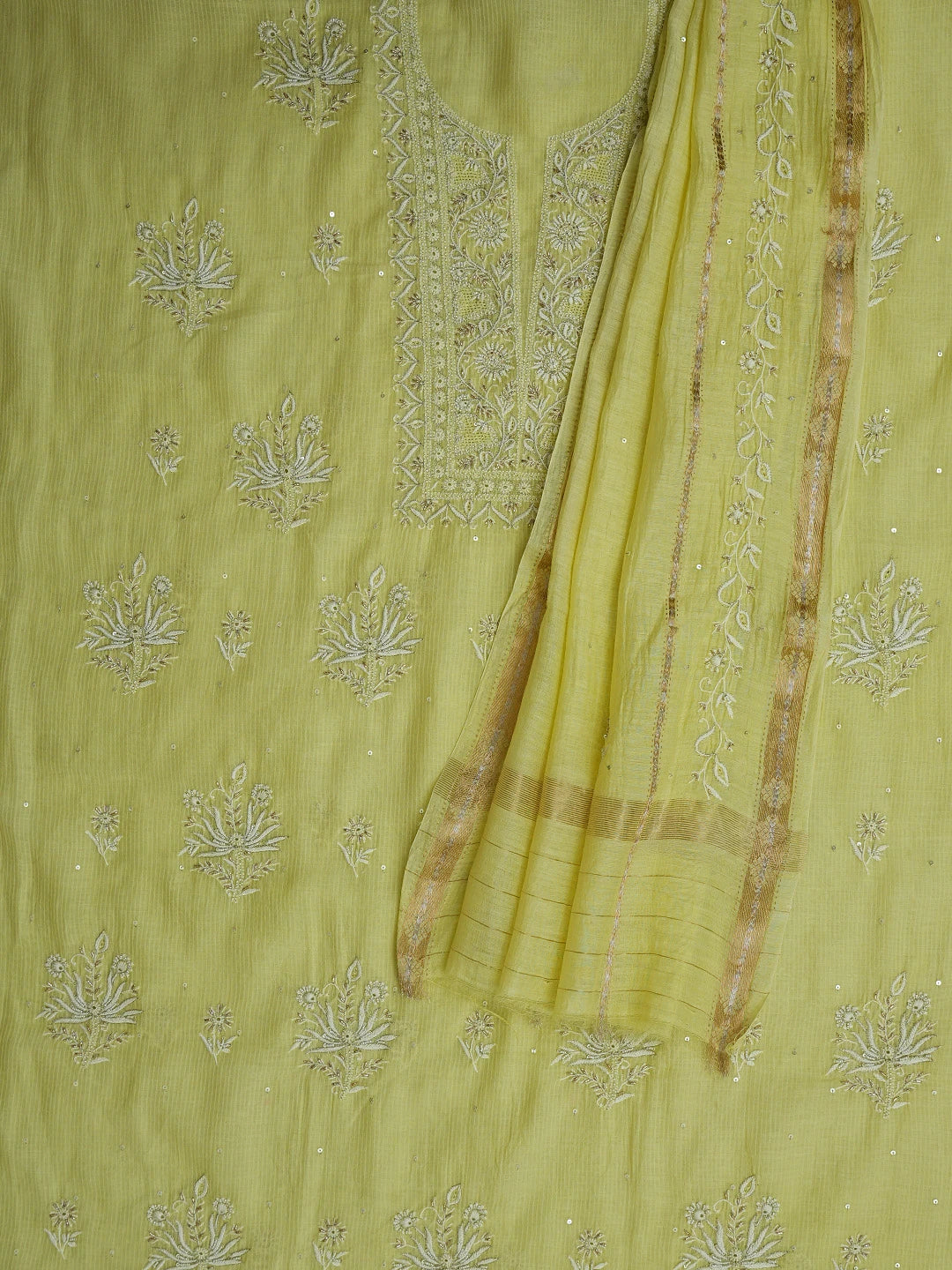 Ada Hand Embroidered Lemon Chanderi Lucknowi Chikankari Unstitched Kurta Dupatta Set With Cutdana Work 01A783387
