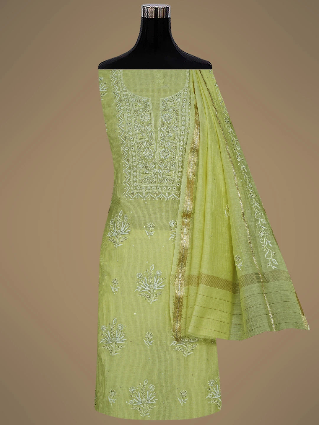 Ada Hand Embroidered Lemon Chanderi Lucknowi Chikankari Unstitched Kurta Dupatta Set With Cutdana Work 01A783387