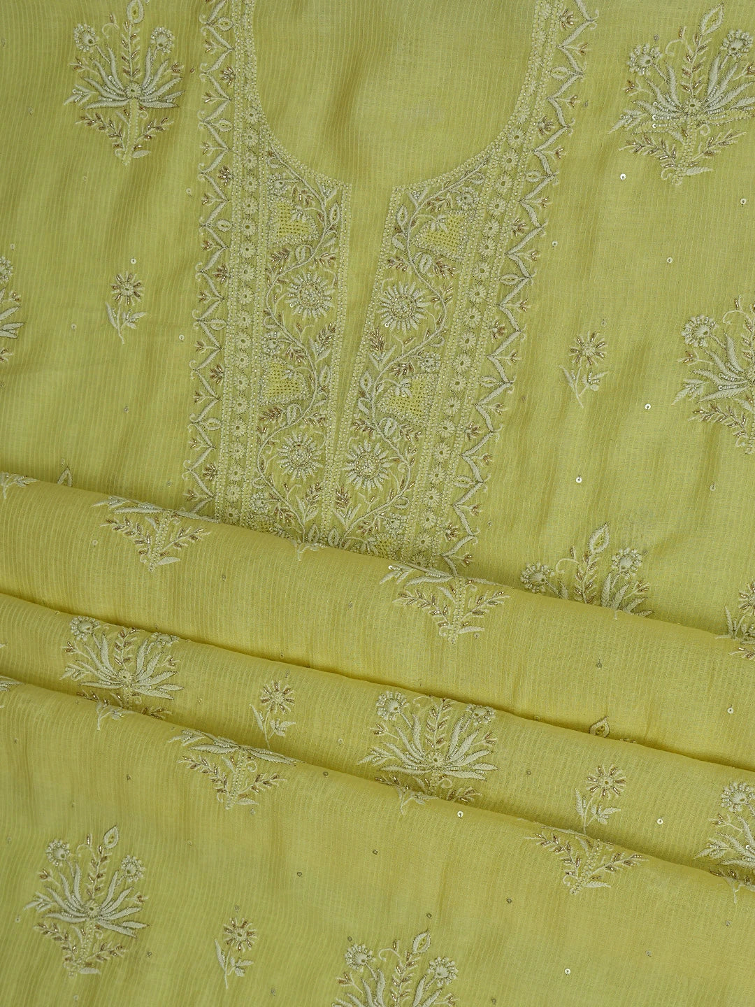 Ada Hand Embroidered Lemon Chanderi Lucknowi Chikankari Unstitched Kurta Dupatta Set With Cutdana Work 01A783387