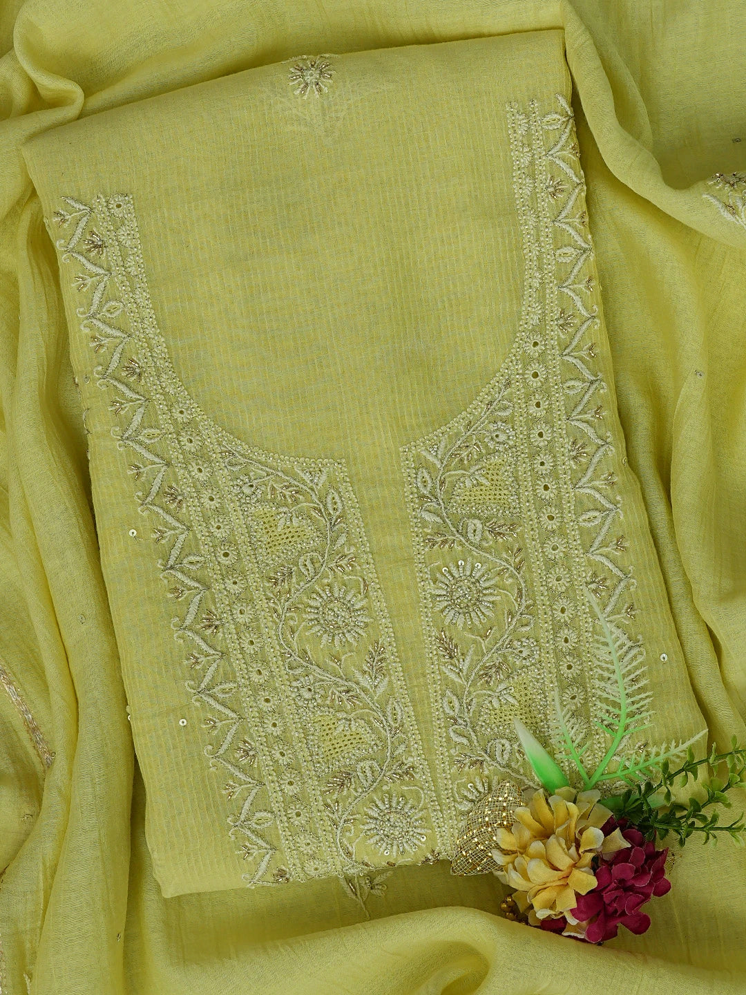 Ada Hand Embroidered Lemon Chanderi Lucknowi Chikankari Unstitched Kurta Dupatta Set With Cutdana Work 01A783387