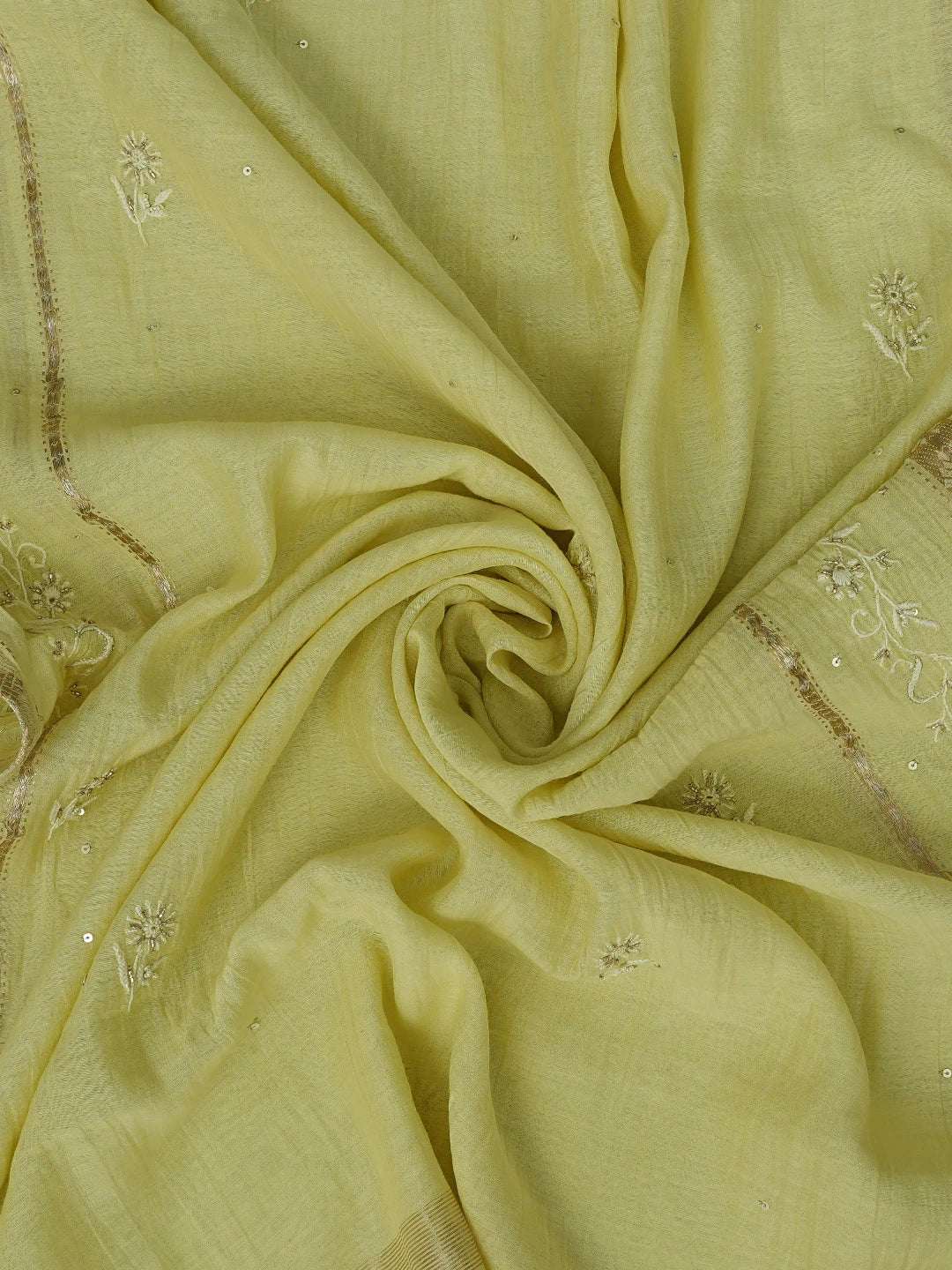 Ada Hand Embroidered Lemon Chanderi Lucknowi Chikankari Unstitched Kurta Dupatta Set With Cutdana Work 01A783387