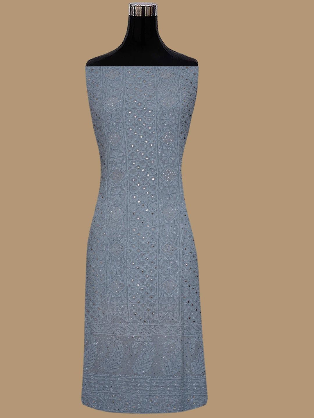 Ada Hand Embroidered Grey Viscose Georgette Lucknowi Chikankari Unstitched Kurta Dupatta Set With Mukaish Work 01A815262