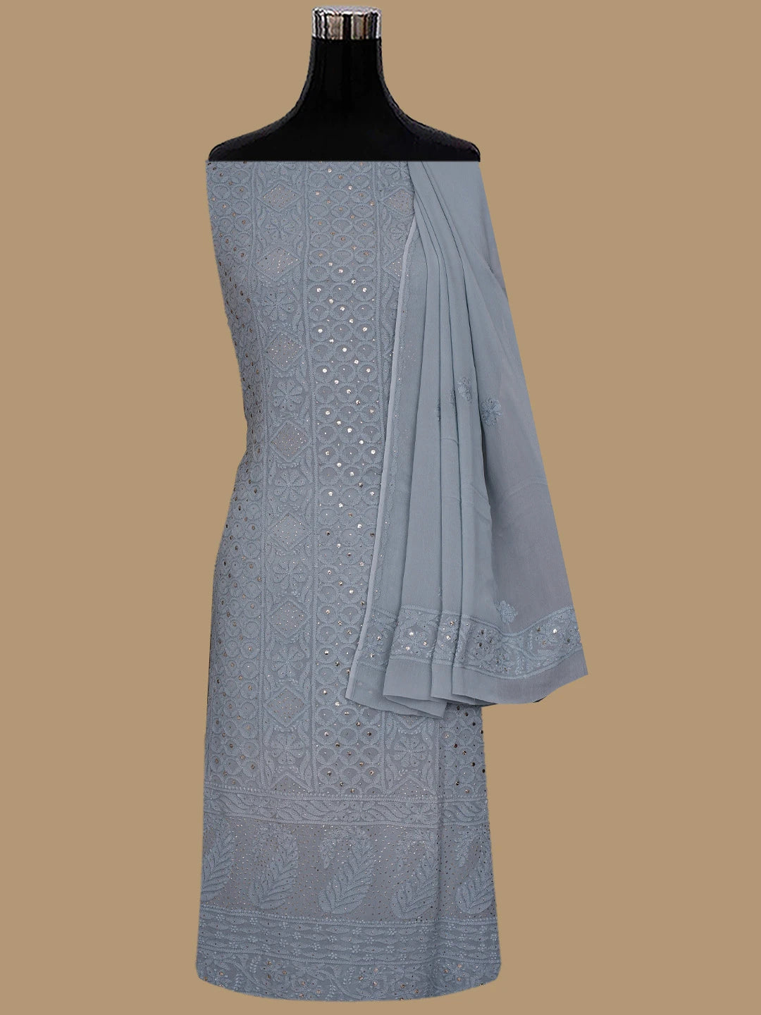 Ada Hand Embroidered Grey Viscose Georgette Lucknowi Chikankari Unstitched Kurta Dupatta Set With Mukaish Work 01A815262