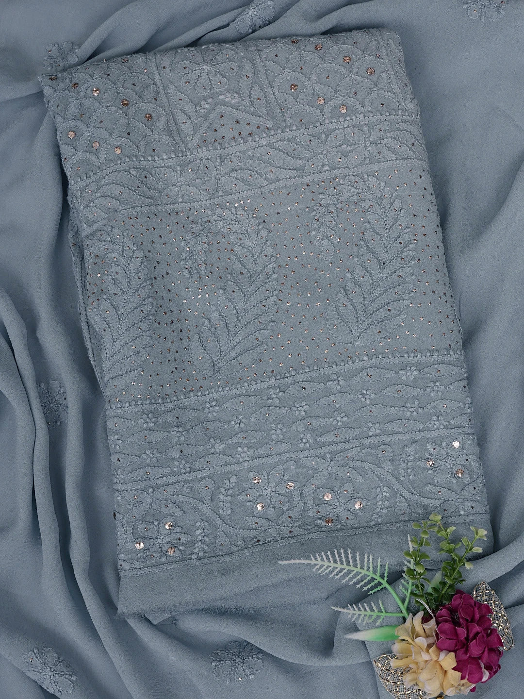 Ada Hand Embroidered Grey Viscose Georgette Lucknowi Chikankari Unstitched Kurta Dupatta Set With Mukaish Work 01A815262