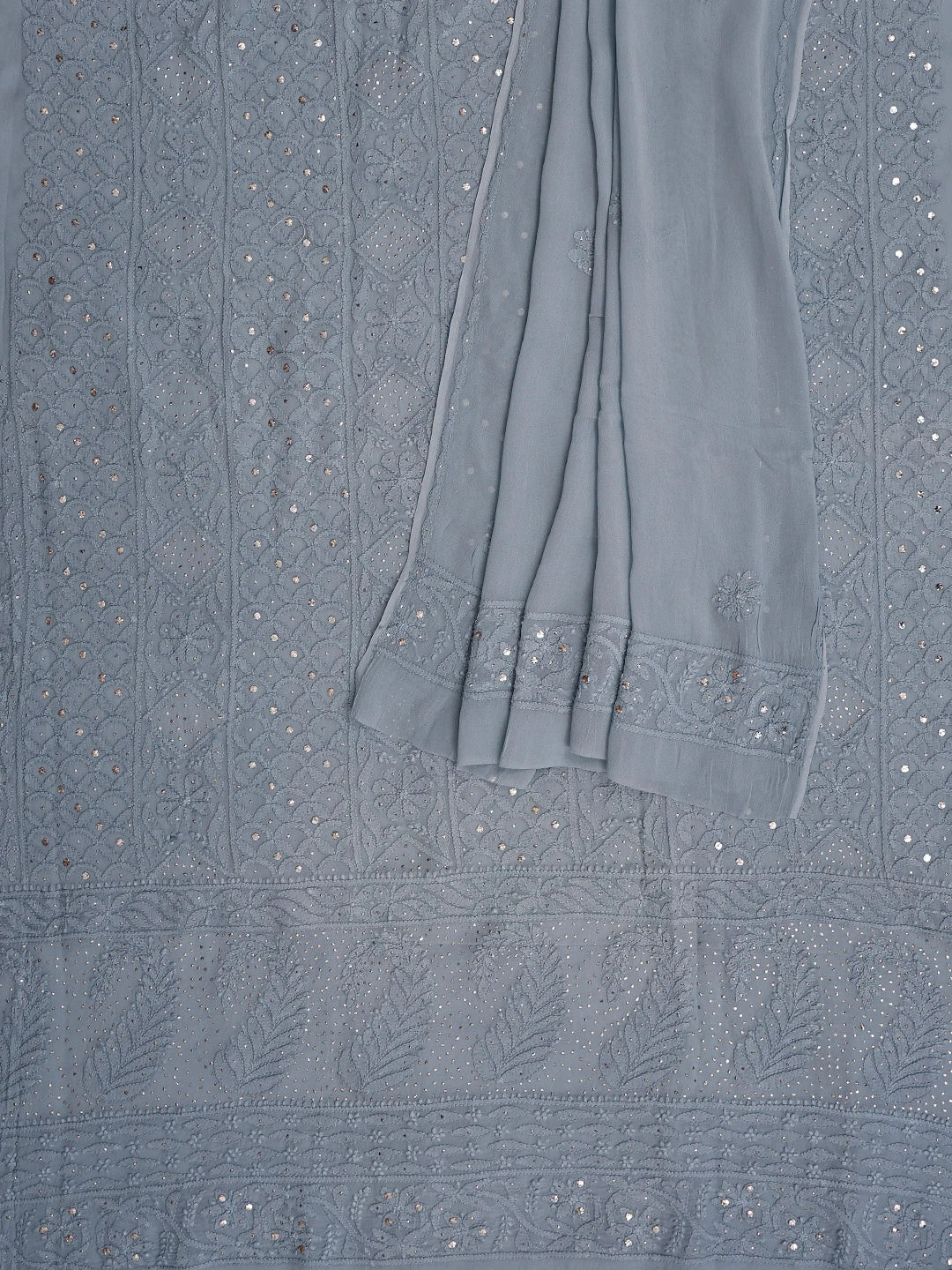 Ada Hand Embroidered Grey Viscose Georgette Lucknowi Chikankari Unstitched Kurta Dupatta Set With Mukaish Work 01A815262