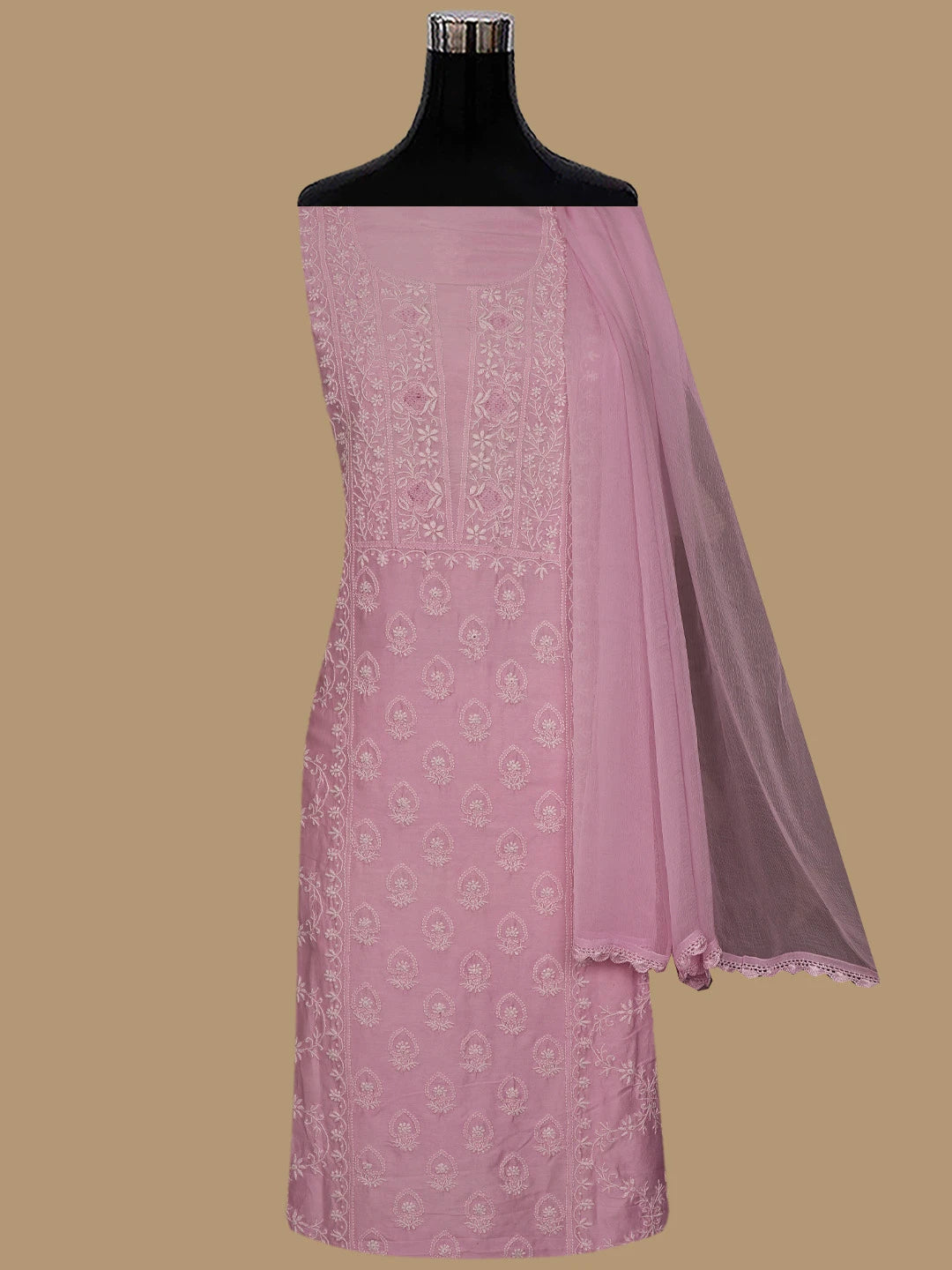 Ada Hand Embroidered Pink Chanderi Lucknowi Chikankari Unstitched Suit Piece 01A805718