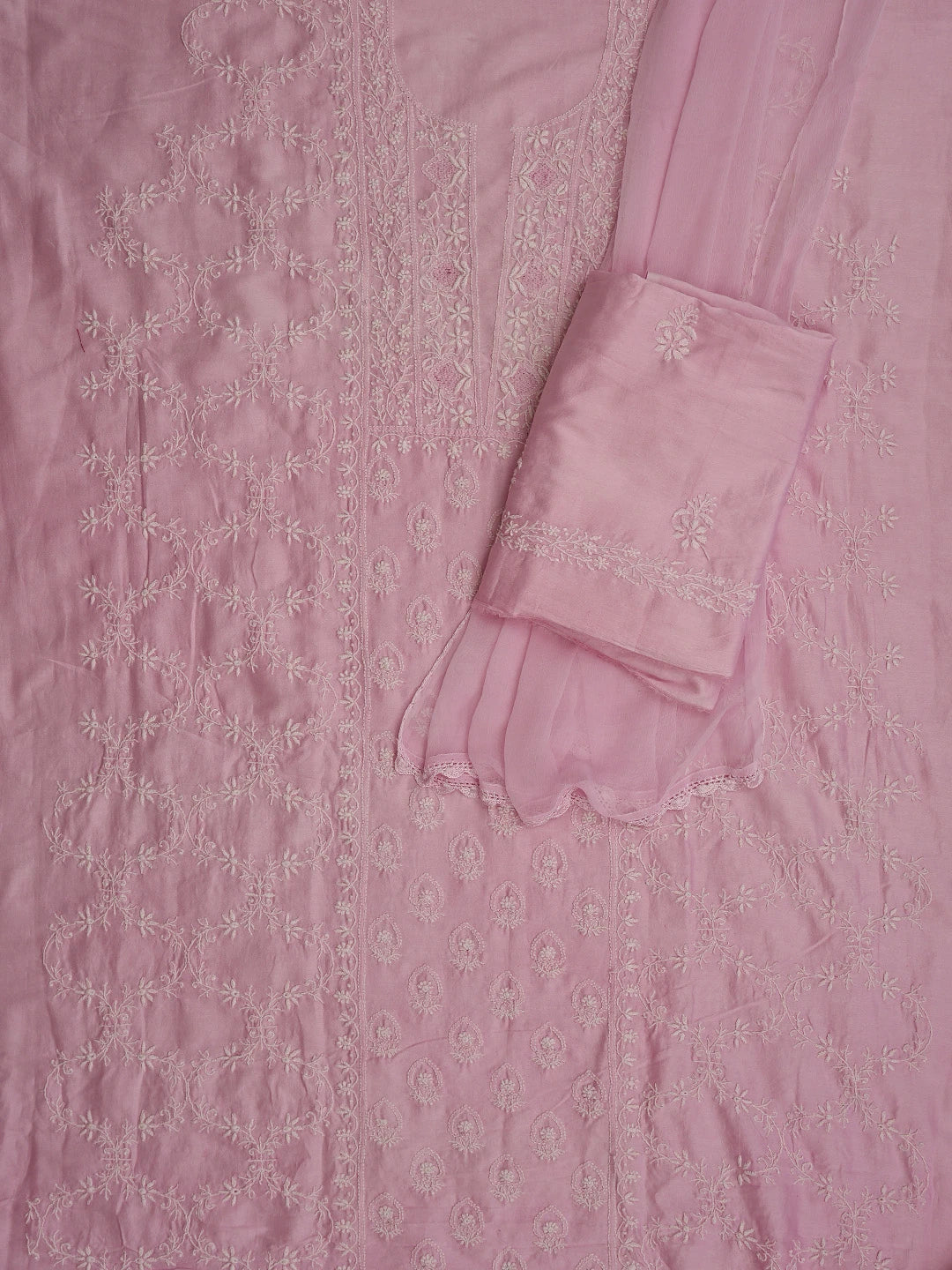 Ada Hand Embroidered Pink Chanderi Lucknowi Chikankari Unstitched Suit Piece 01A805718