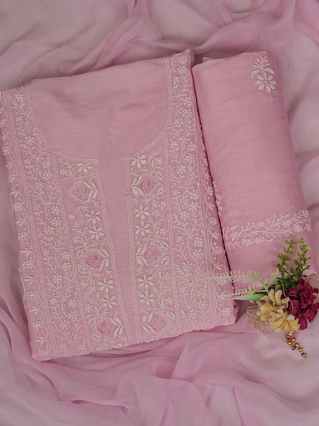 Ada Hand Embroidered Pink Chanderi Lucknowi Chikankari Unstitched Suit Piece 01A805718