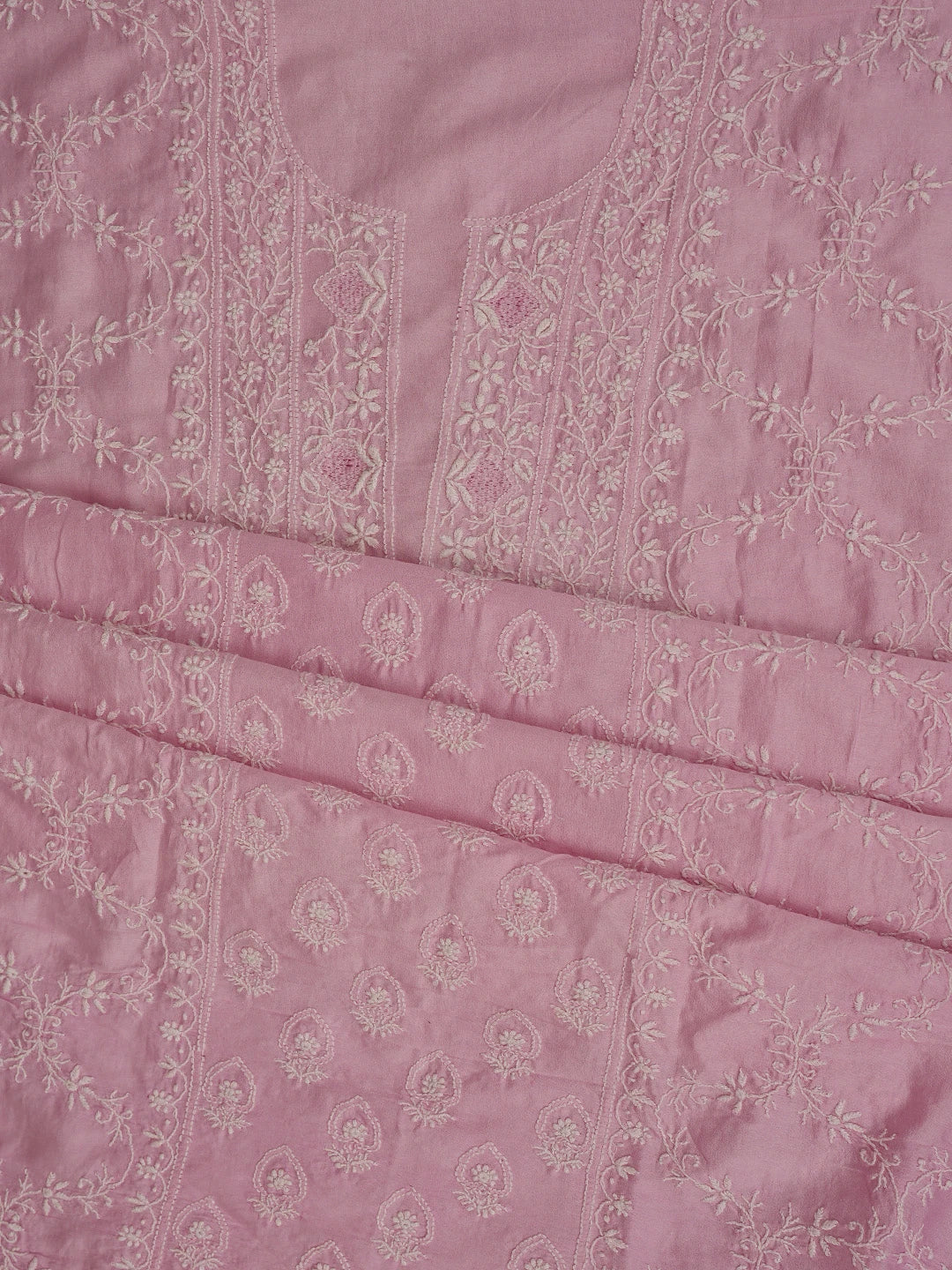 Ada Hand Embroidered Pink Chanderi Lucknowi Chikankari Unstitched Suit Piece 01A805718